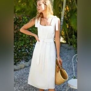Emerson Fry Izzy Linen Lined Midi Dress w/ Bow Straps and Pockets in Salt/White